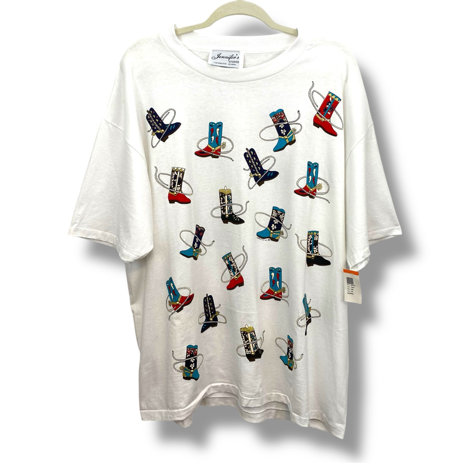 Vtg Country Boot Graphic White Embellished Oversized TShirt